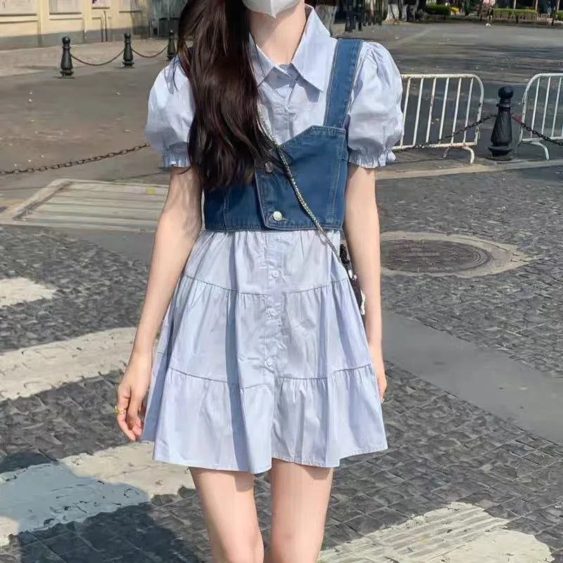 Counter fashion suit women's summer sweet and spicy puff sleeve shirt dress denim vest petite two-piece set (D028)