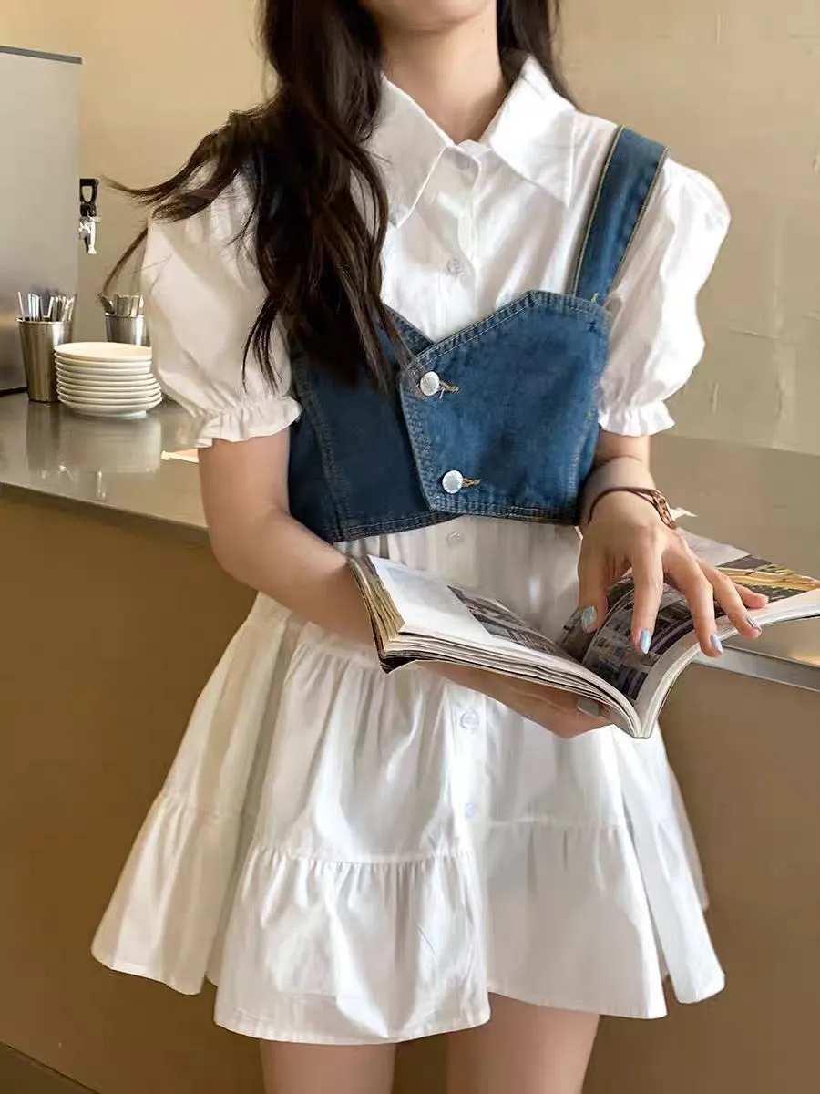 Counter fashion suit women's summer sweet and spicy puff sleeve shirt dress denim vest petite two-piece set (D028)