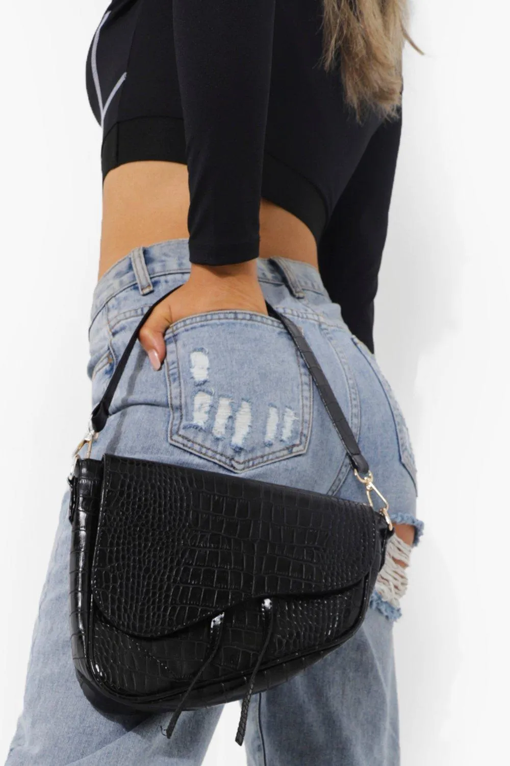 Croc Tassel Detail Shoulder Bag