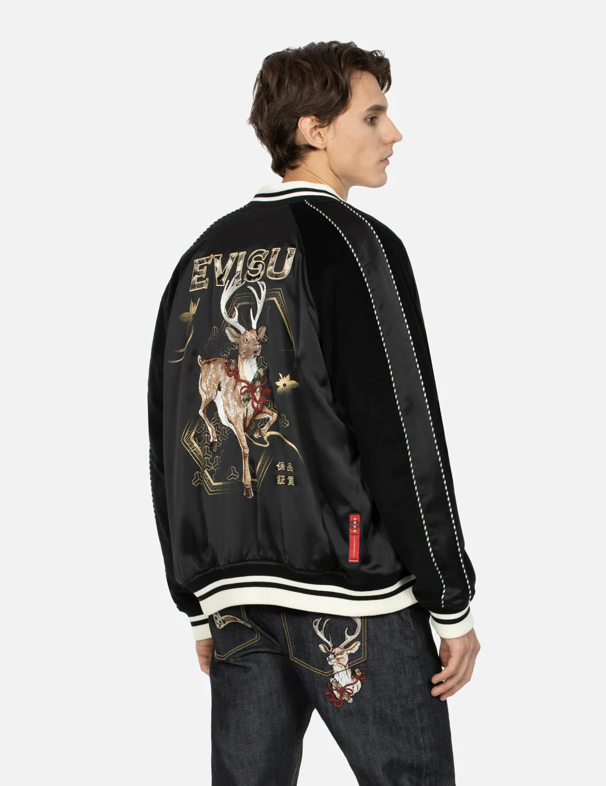 Deer and Logo Embroidery Loose Fit Souvenir Jacket