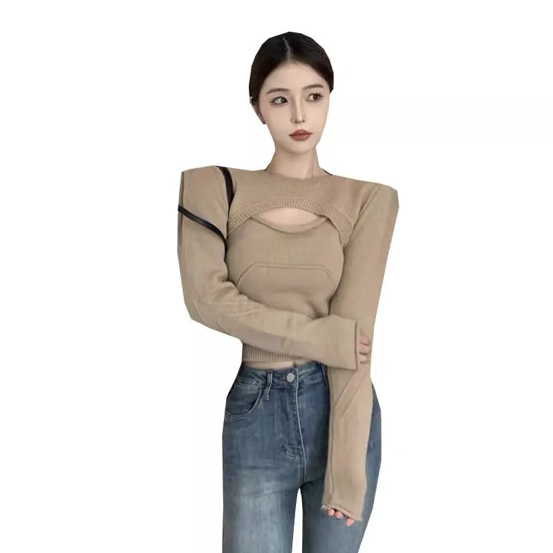 Designed hollow knitted sweater for women in autumn, Korean style, slim fit, versatile blouse and camisole two-piece set