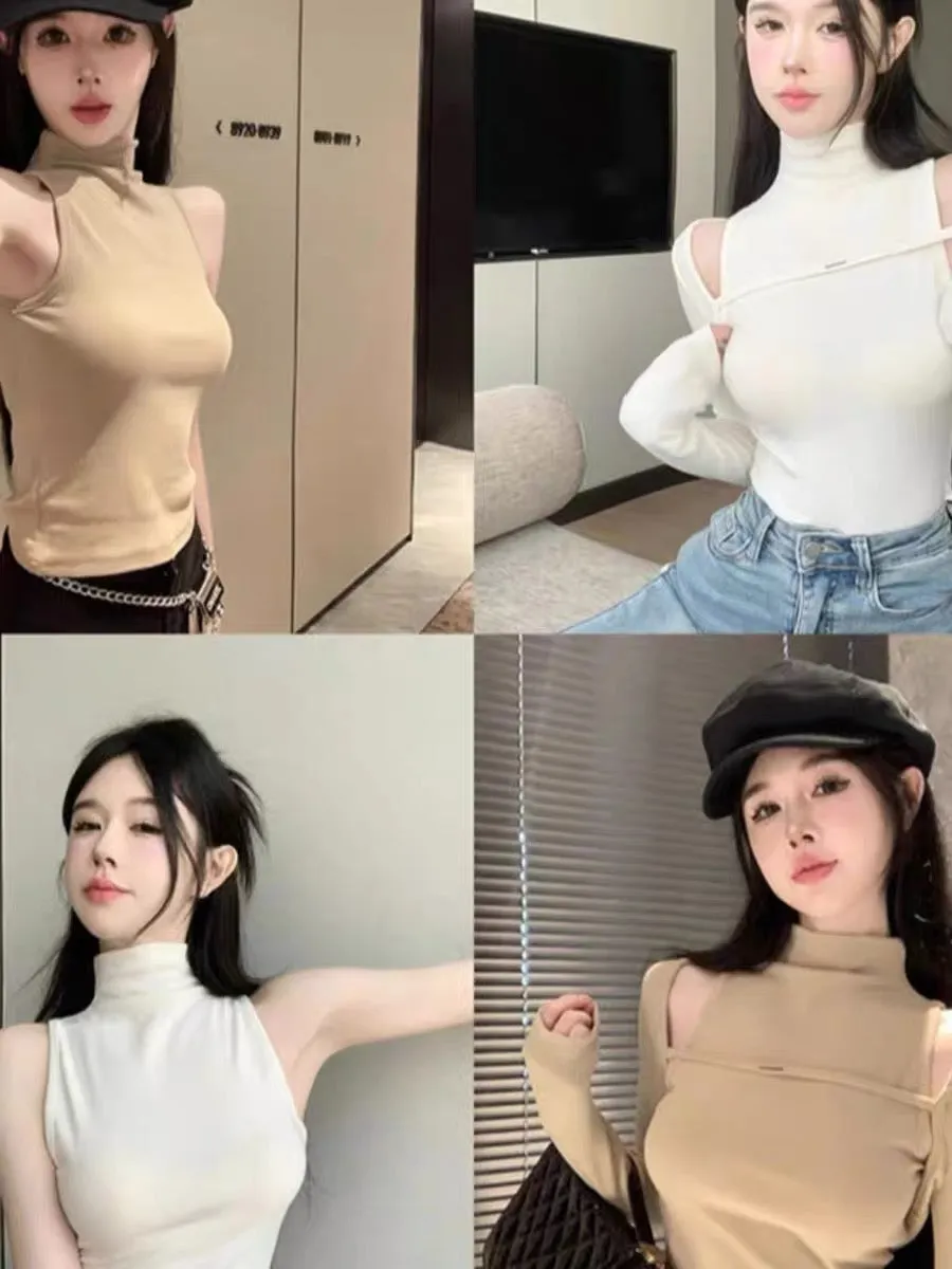 Early autumn fashionable two-piece T-shirt bottoming shirt for hot girls to wear with discreet high-neck bottoming vest and shaw