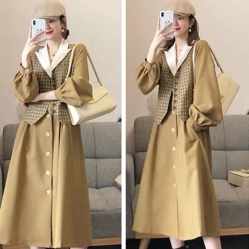 Early autumn plaid vest suit collar long skirt suit early autumn light luxury fashion temperament women's high-end dress