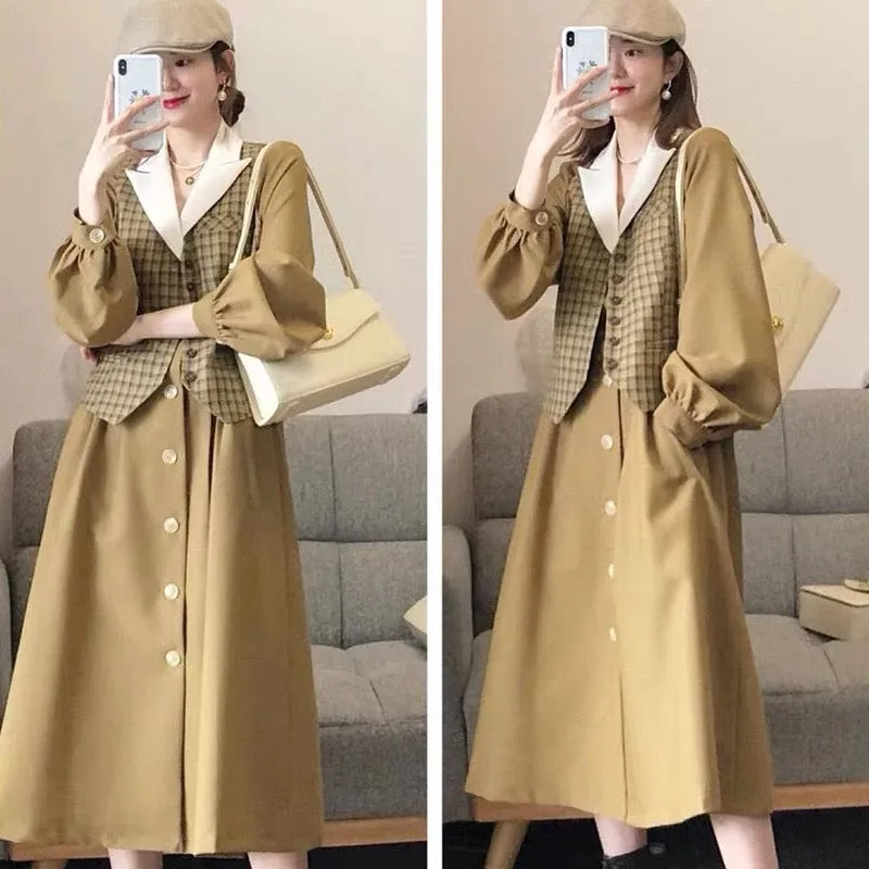 Early autumn plaid vest suit collar long skirt suit early autumn light luxury fashion temperament women's high-end dress