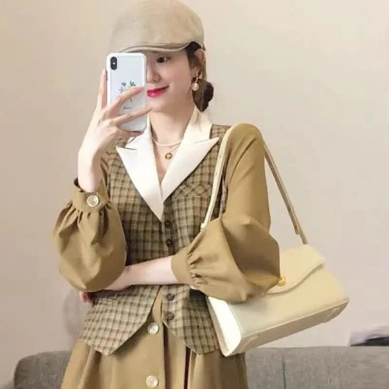 Early autumn plaid vest suit collar long skirt suit early autumn light luxury fashion temperament women's high-end dress