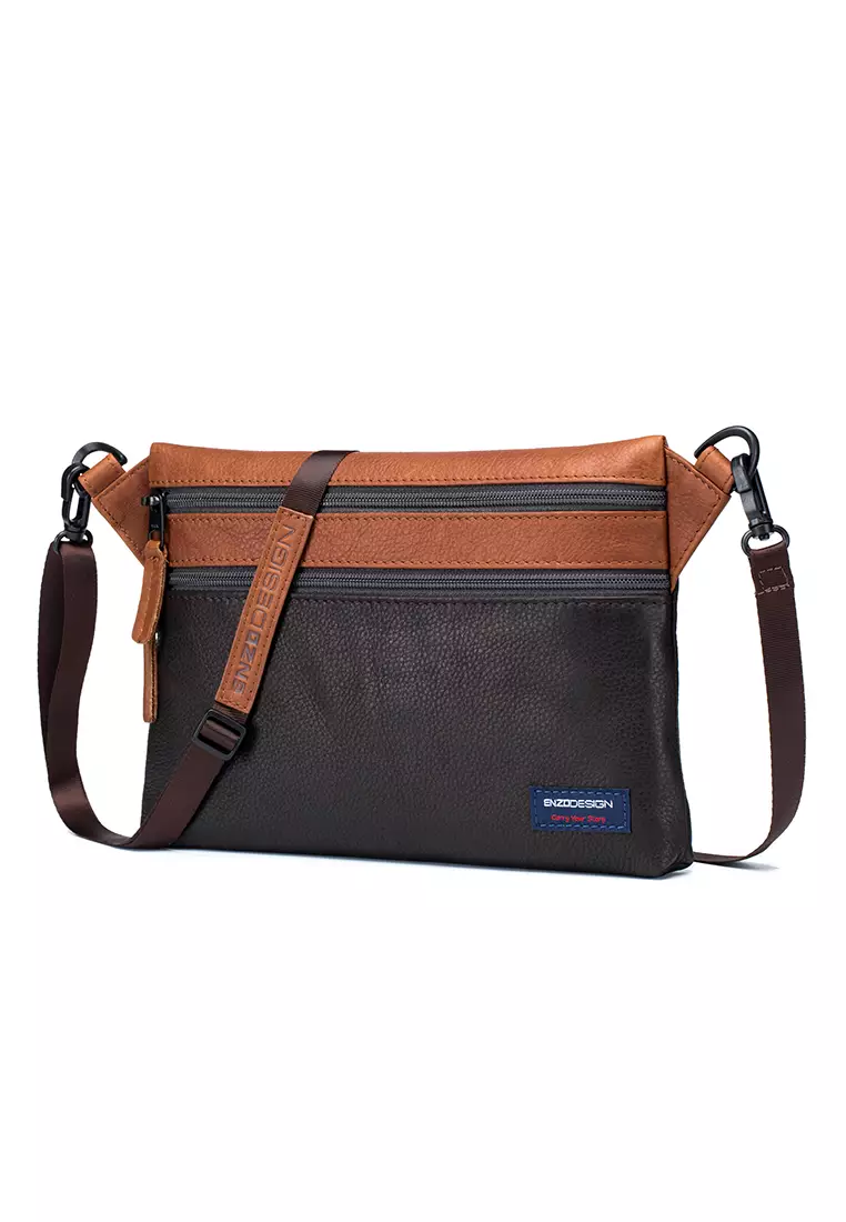 ENZODESIGN ENZODESIGN Leather Flat Crossbody Bag / Sling Bag BROWN / COGNAC