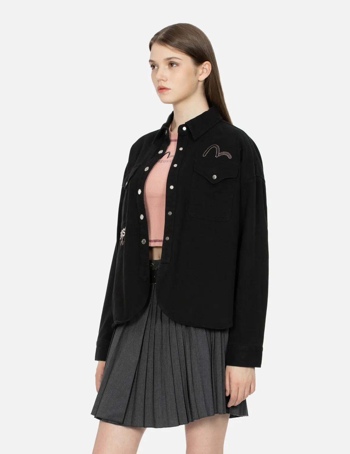 Floral Kamon Embroidery Boxy Shirt Jacket