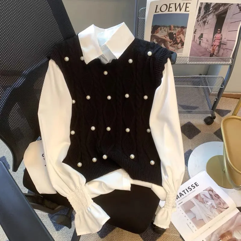 French Gentle Style Sweet Beaded Vest Vest Women's Autumn Design Premium Bell Sleeve Polo Shirt Two-piece Suit