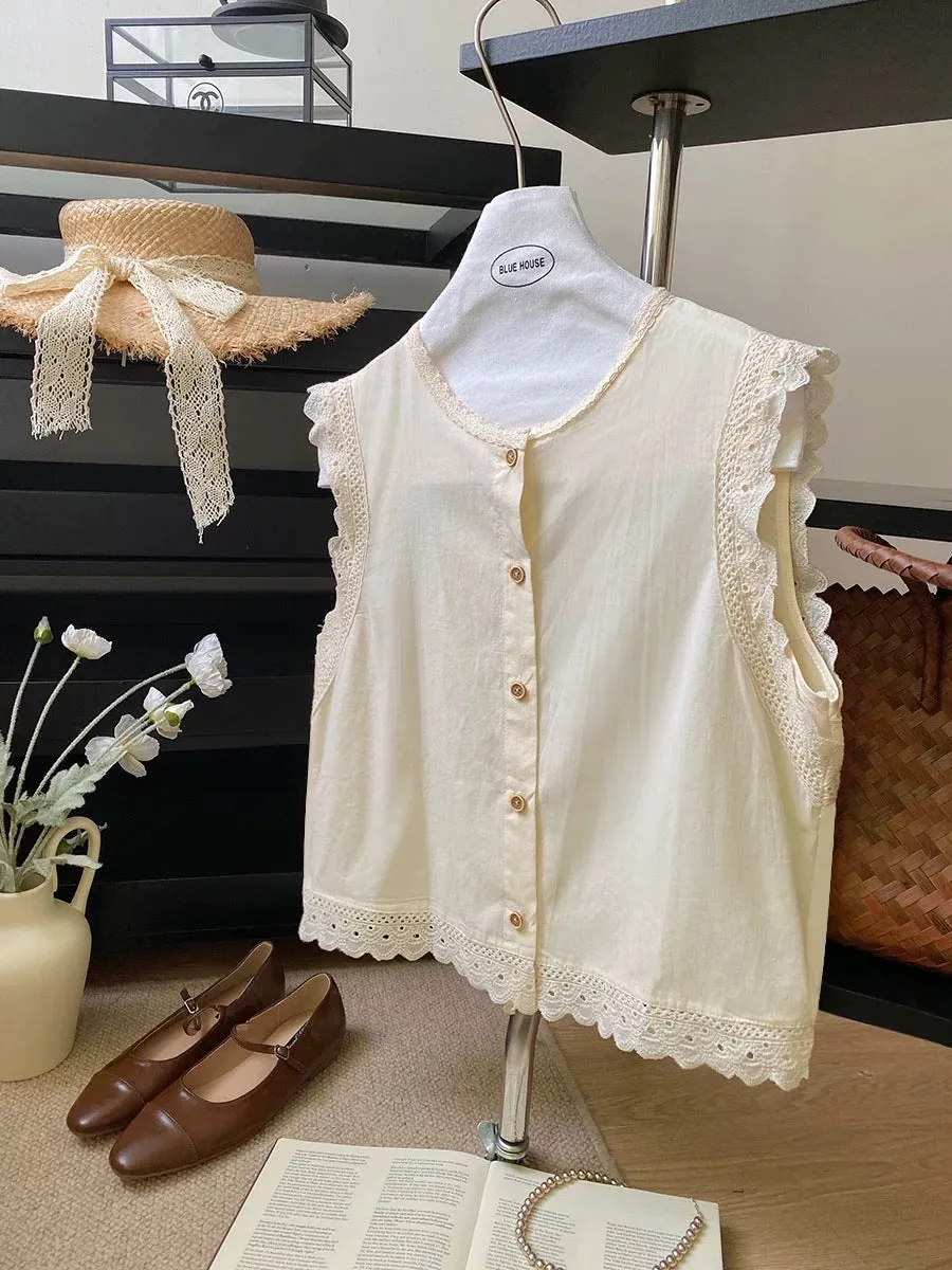 French girl retro lace splicing sleeveless plaid shirt women's summer loose age-reducing sweet vest top