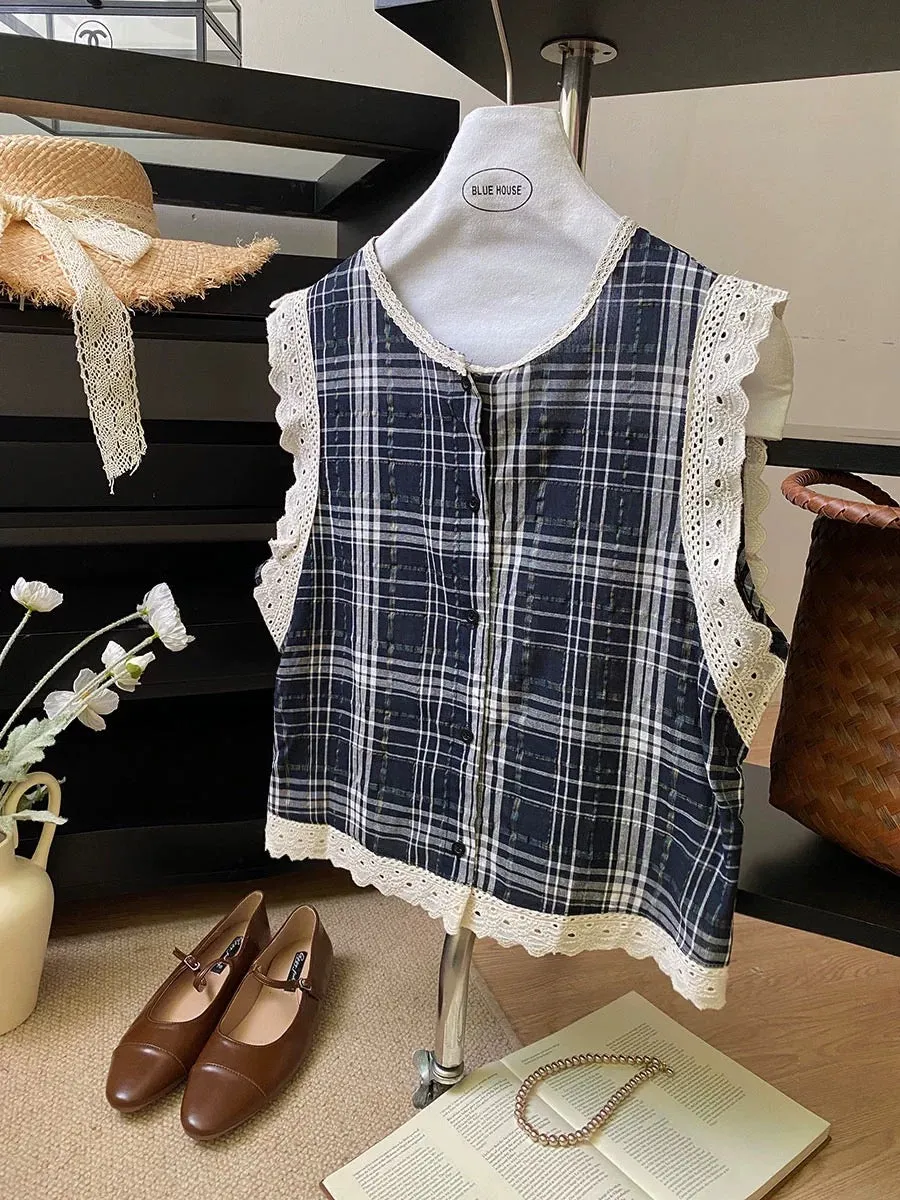 French girl retro lace splicing sleeveless plaid shirt women's summer loose age-reducing sweet vest top