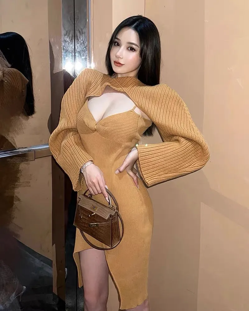 French sexy V-neck tight knitted suspender skirt spring high-end loose blouse vest stacked two-piece set for women