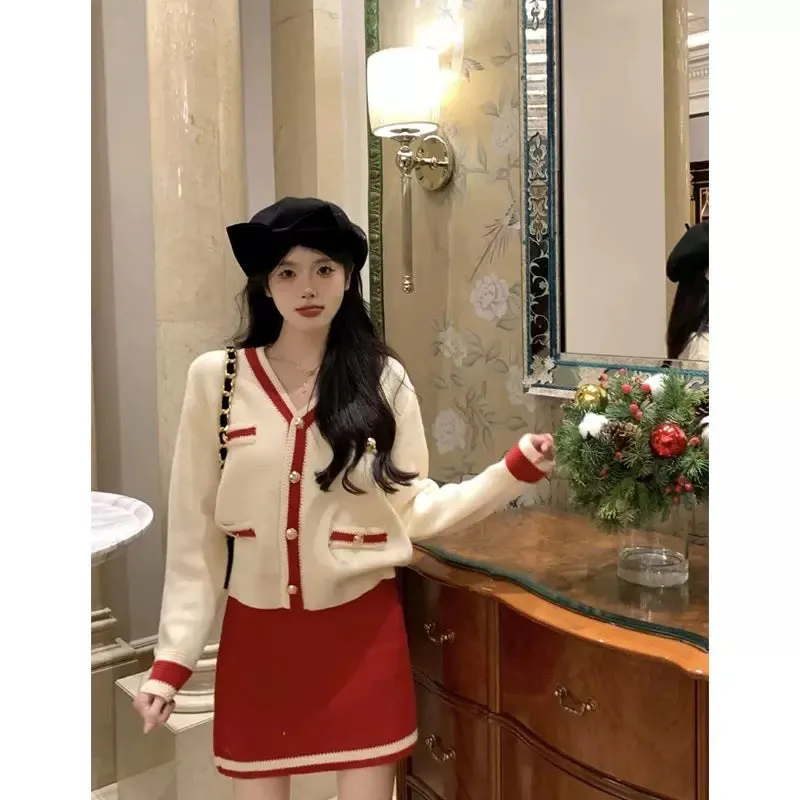 French style small fragrance style long-sleeved V-neck sweater jacket for women in autumn and winter high-waisted slim red skirt