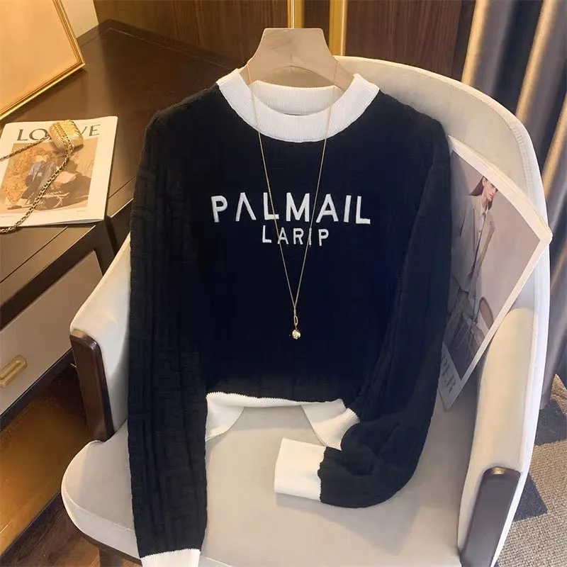 French style small fragrant jacquard letter knitted sweater for women autumn 2023 new fashion casual foreign style inner short t