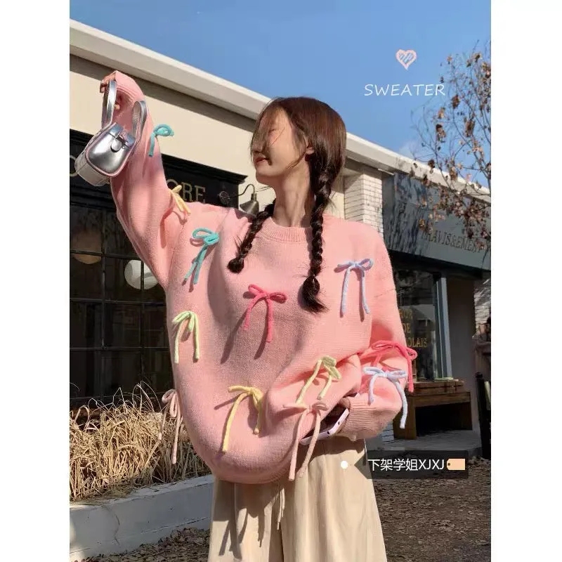 Girly Three-dimensional Bow Pink Knitted Sweater Women's Autumn 2023 New Loose Western Style Age-Reducing Top A2246