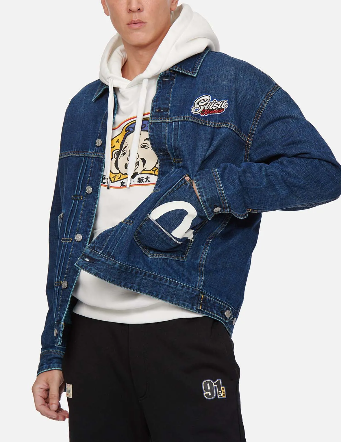 Godhead Flag and Daruma Embroidered Denim Jacket