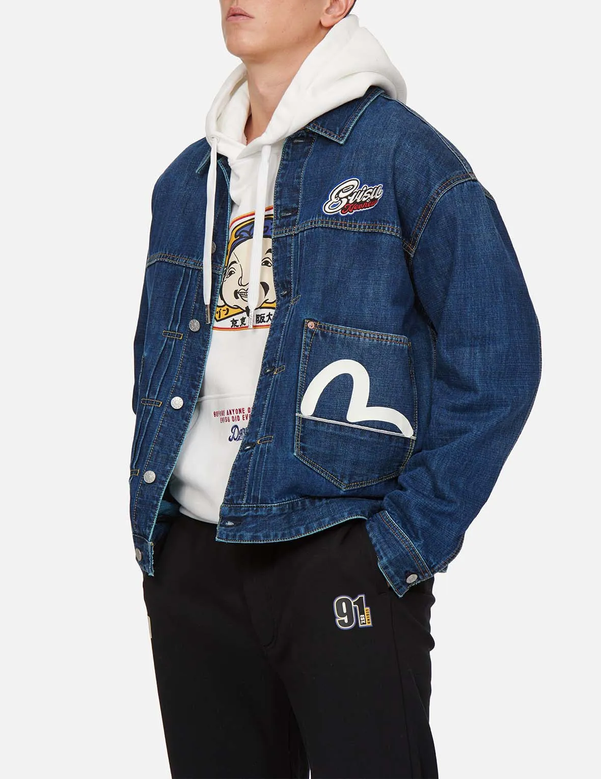 Godhead Flag and Daruma Embroidered Denim Jacket