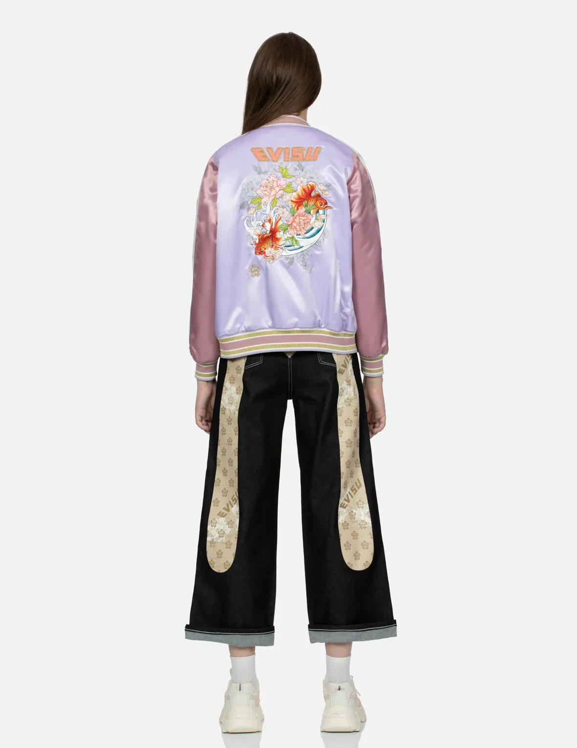 Goldfish and Floral Flow Embroidery Color-blocking Loose Fit Souvenir Jacket