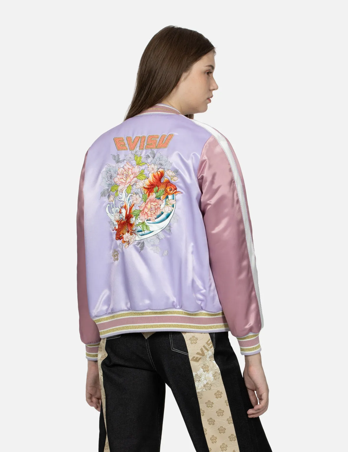 Goldfish and Floral Flow Embroidery Color-blocking Loose Fit Souvenir Jacket