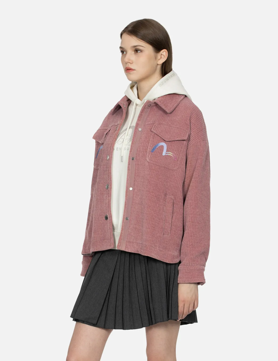 Gradient Shimmering Logo Print Oversized Corduroy Shirt Jacket