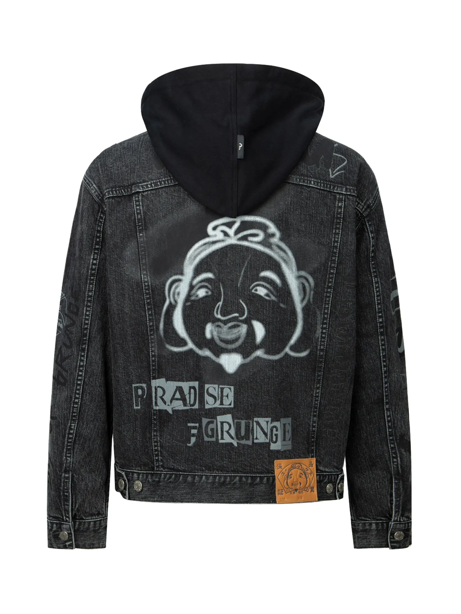 Graffiti Godhead Print Loose Fit Hooded Denim Jacket