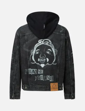 Graffiti Godhead Print Loose Fit Hooded Denim Jacket