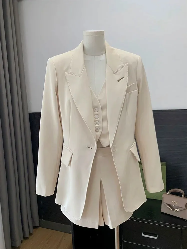 Gulinaza same style off-white suit vest shorts set slim temperament suit jacket pants skirt three-piece set