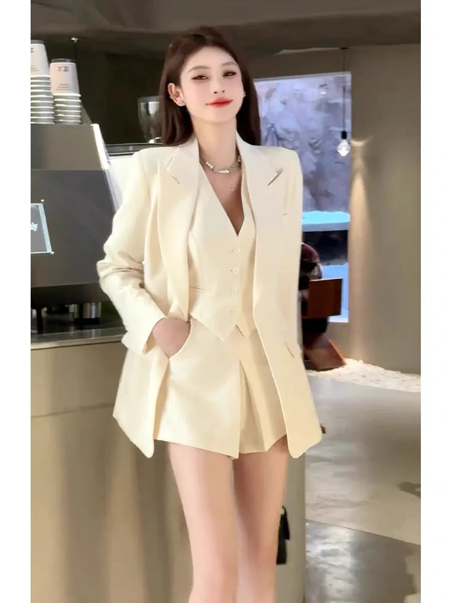 Gulinaza same style off-white suit vest shorts set slim temperament suit jacket pants skirt three-piece set