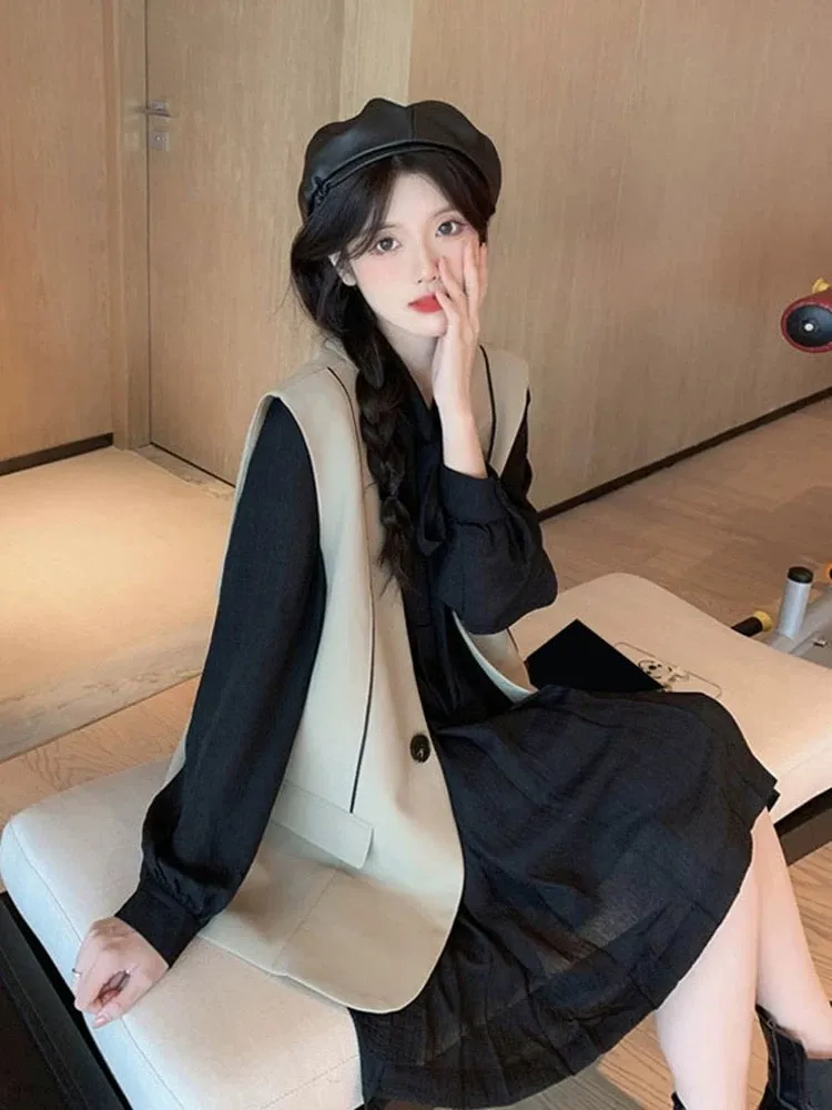 High-end light luxury celebrity design niche age-reducing slimming suit vest vest shirt skirt two-piece suit for women spring an