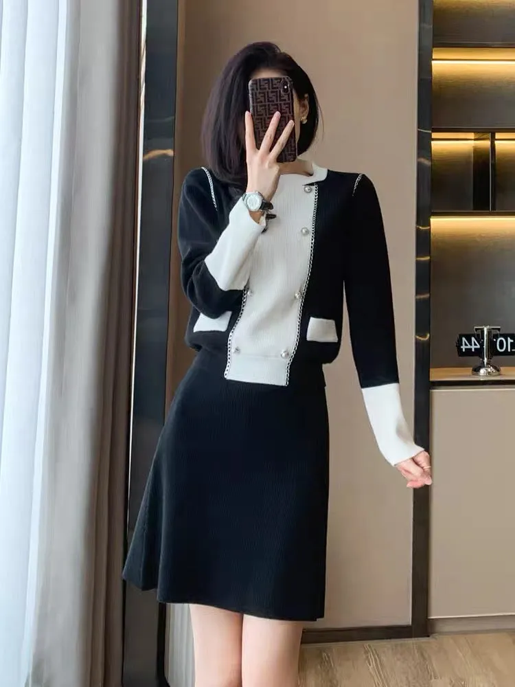 High-end light luxury celebrity sweater suit skirt women's autumn and winter 2023 new French knitted dress two-piece set (V6610)