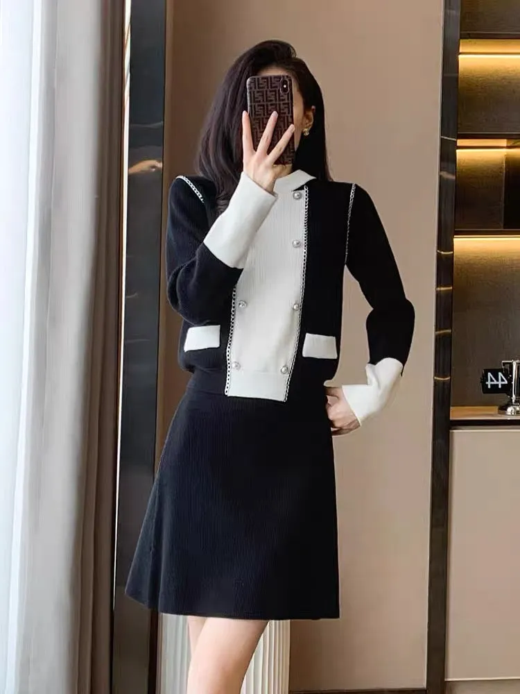 High-end light luxury celebrity sweater suit skirt women's autumn and winter 2023 new French knitted dress two-piece set (V6610)