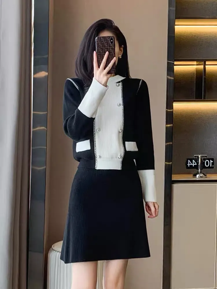 High-end light luxury celebrity sweater suit skirt women's autumn and winter 2023 new French knitted dress two-piece set (V6610)