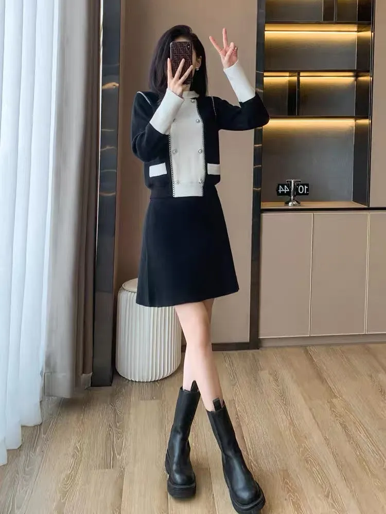 High-end light luxury celebrity sweater suit skirt women's autumn and winter 2023 new French knitted dress two-piece set (V6610)