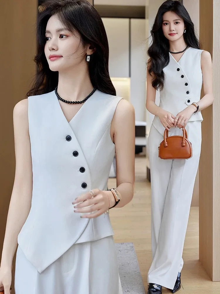 High-end white sleeveless suit vest vest suit for women new spring and summer fashionable vest two-piece set