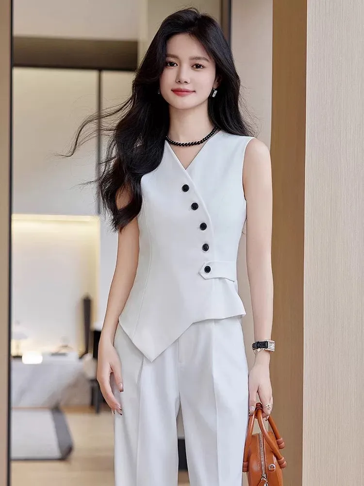 High-end white sleeveless suit vest vest suit for women new spring and summer fashionable vest two-piece set