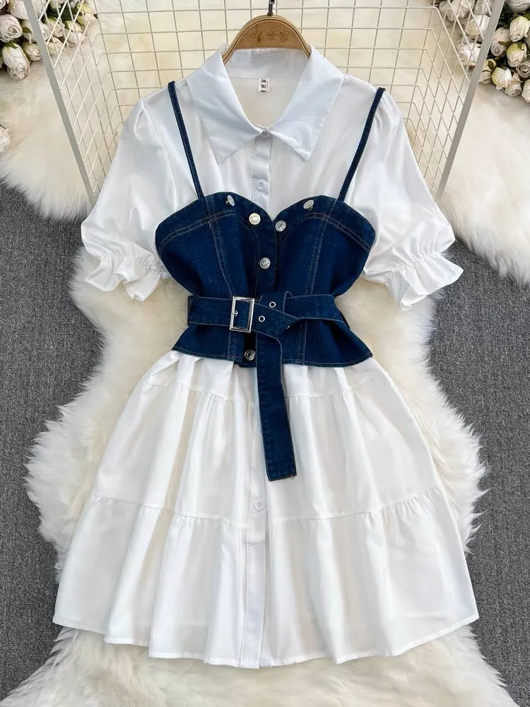 Hot girl contrast color denim vest women's two-piece long-sleeved lapel single-breasted a-line white shirt dress