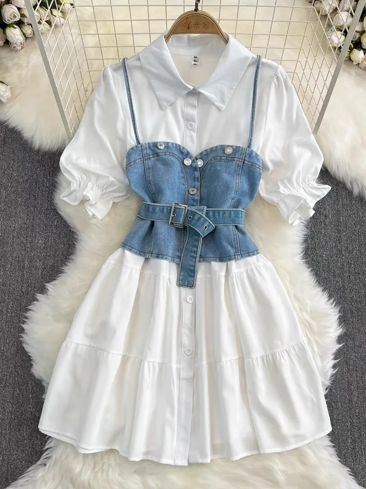 Hot girl contrast color denim vest women's two-piece long-sleeved lapel single-breasted a-line white shirt dress