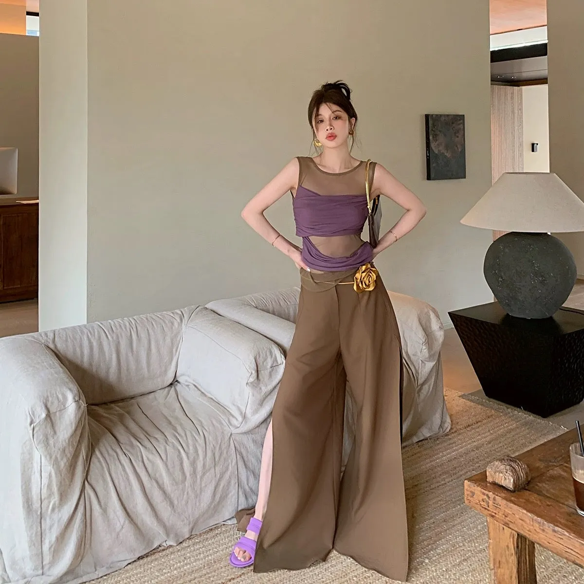 iuiu Ajing Fuguihua suit mesh splicing vest top side slit loose slimming floor-length wide-leg pants