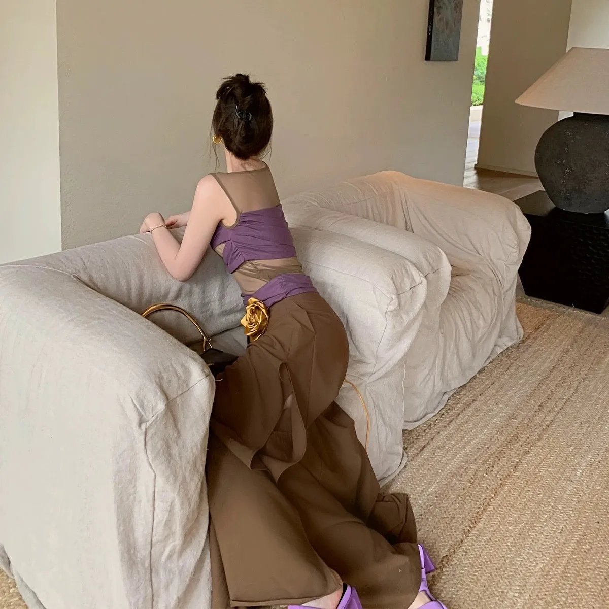 iuiu Ajing Fuguihua suit mesh splicing vest top side slit loose slimming floor-length wide-leg pants