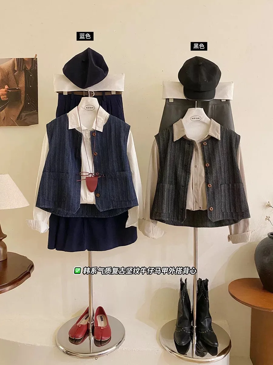 Japanese literary retro vertical striped texture denim vest for women to wear in autumn with pockets sleeveless waistcoat vest