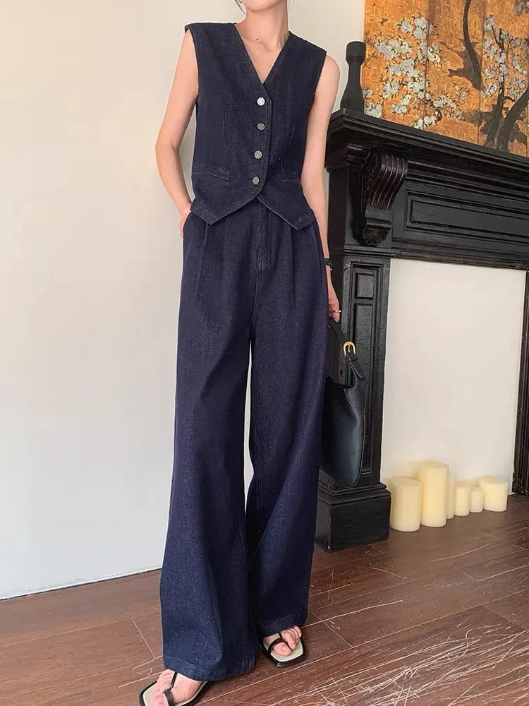 JWUNIQUE blue denim two-piece suit for women 2024 summer new style sleeveless vest vest wide-leg floor-length trousers