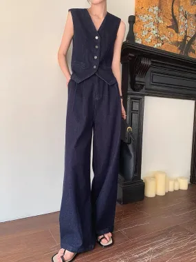 JWUNIQUE blue denim two-piece suit for women 2024 summer new style sleeveless vest vest wide-leg floor-length trousers