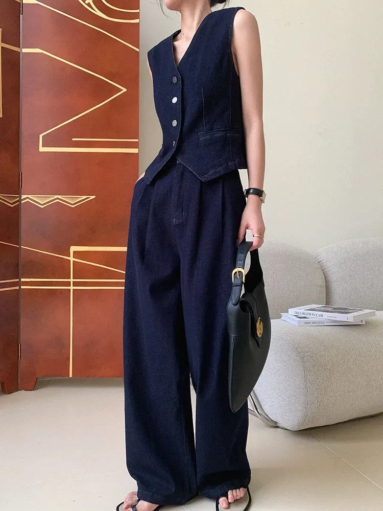 JWUNIQUE blue denim two-piece suit for women 2024 summer new style sleeveless vest vest wide-leg floor-length trousers