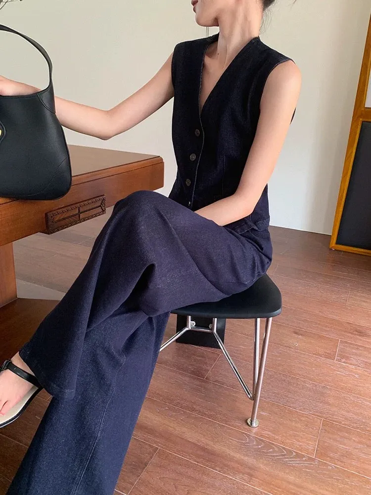 JWUNIQUE blue denim two-piece suit for women 2024 summer new style sleeveless vest vest wide-leg floor-length trousers