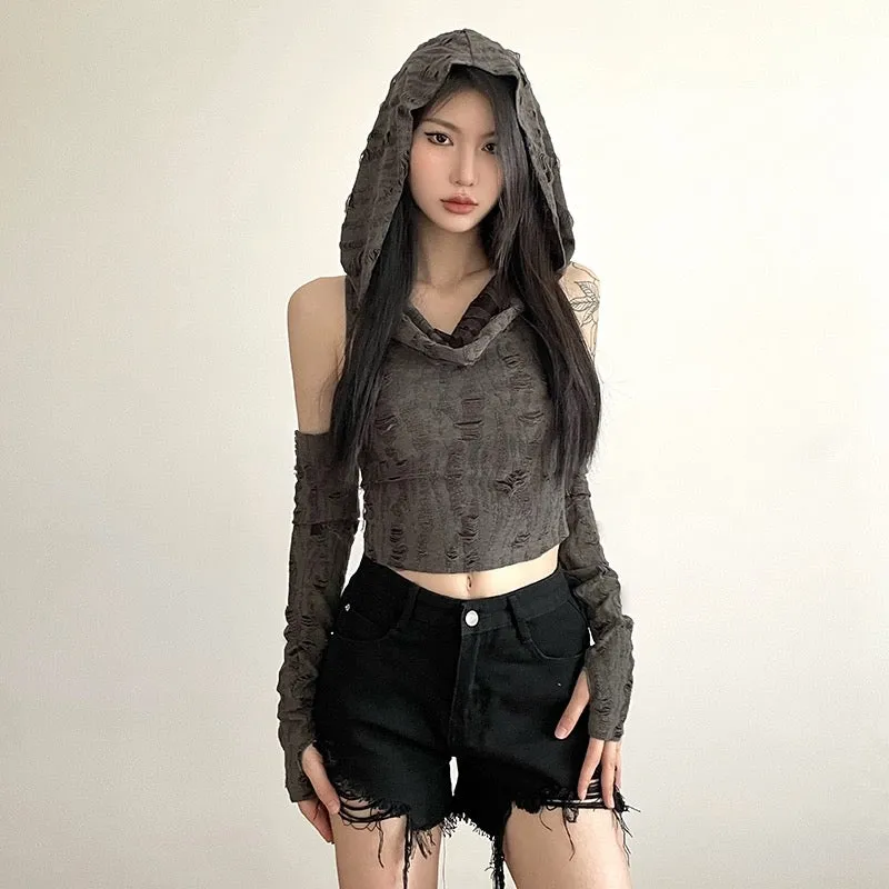 KLIOU retro wasteland style personalized handmade frayed hooded vest with sleeves slimming high waist hot girl top summer