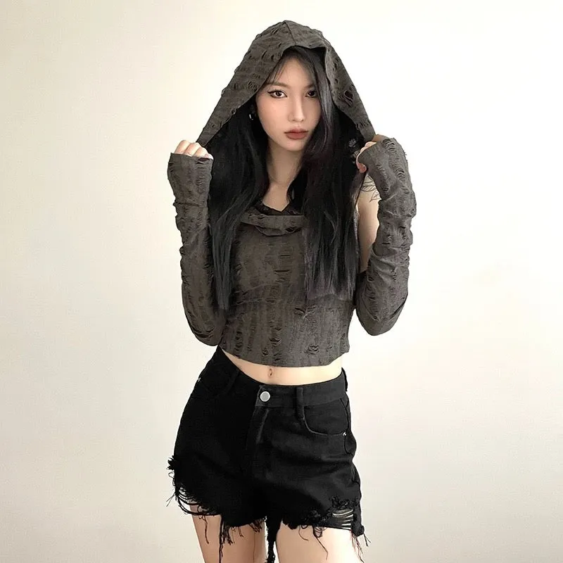 KLIOU retro wasteland style personalized handmade frayed hooded vest with sleeves slimming high waist hot girl top summer