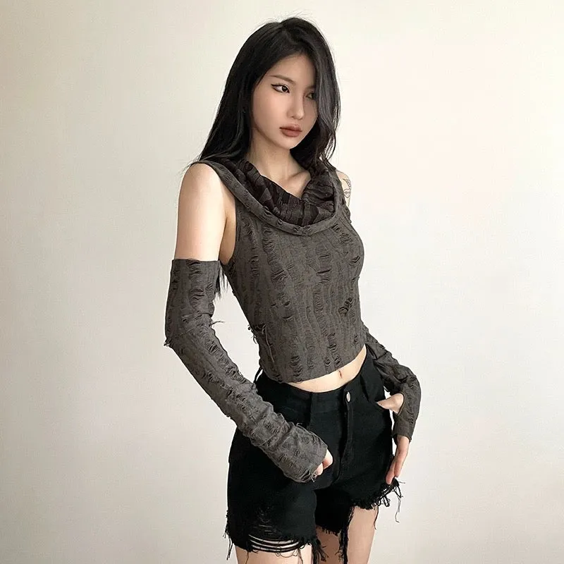 KLIOU retro wasteland style personalized handmade frayed hooded vest with sleeves slimming high waist hot girl top summer