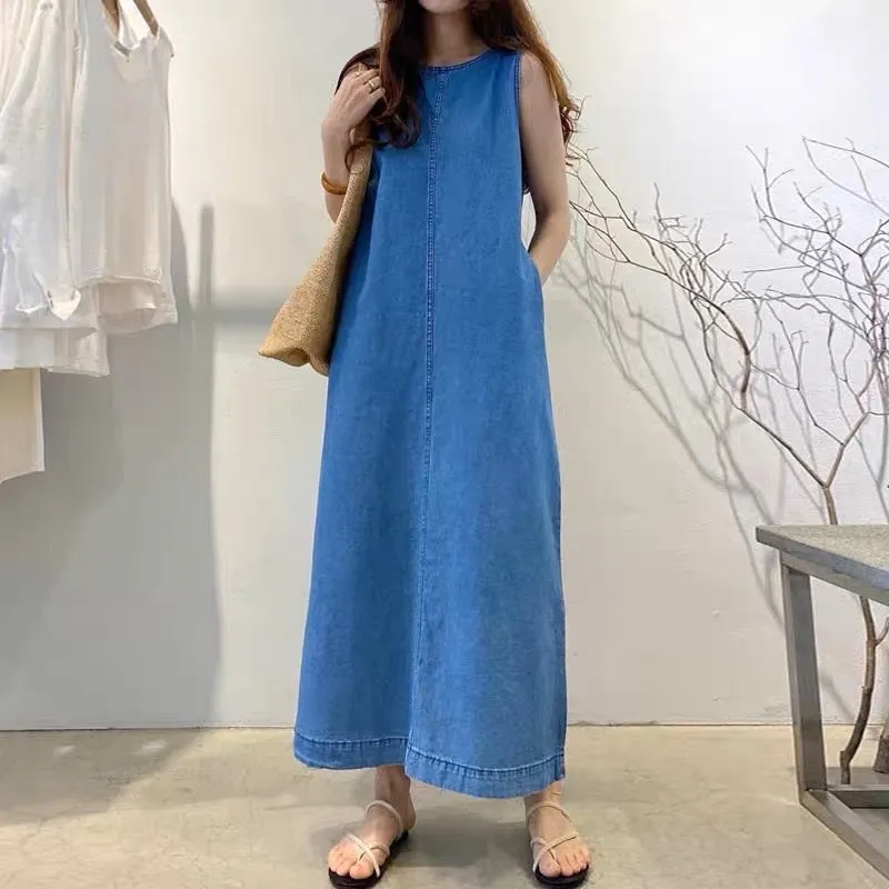 Korean chic summer niche retro round neck open line open back design loose long vest denim dress female