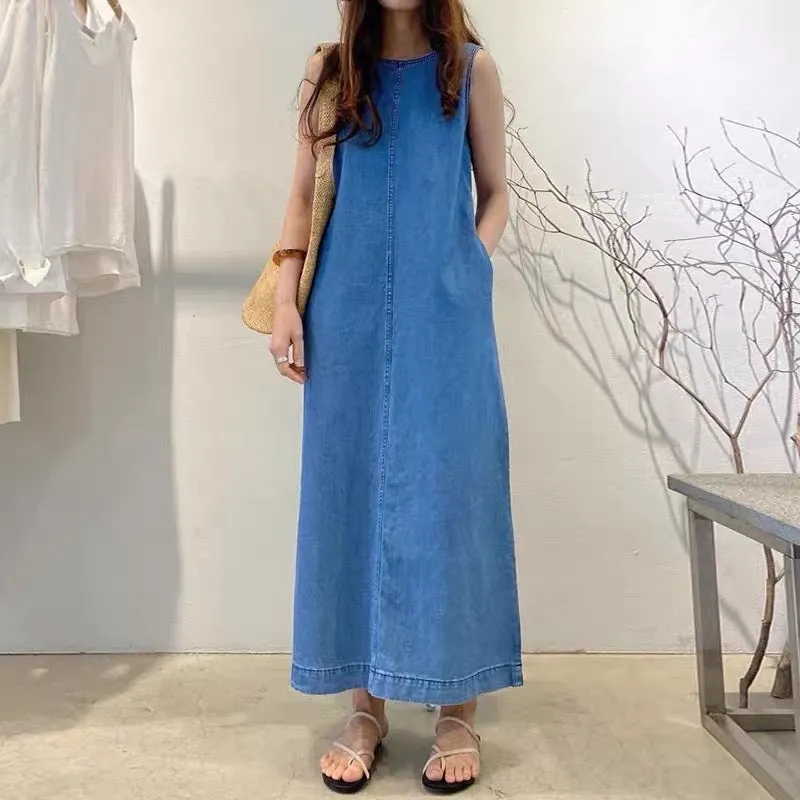 Korean chic summer niche retro round neck open line open back design loose long vest denim dress female