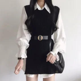 Korean chic versatile lapel mid-length shirt skirt + lace-up waist irregular knitted vest two-piece set for women