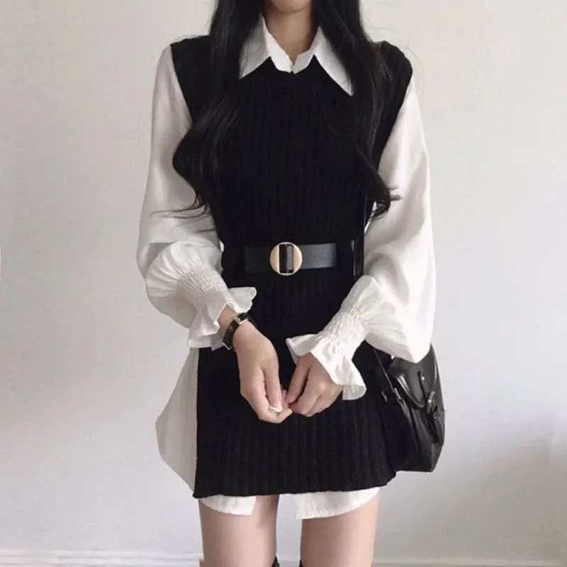 Korean chic versatile lapel mid-length shirt skirt + lace-up waist irregular knitted vest two-piece set for women